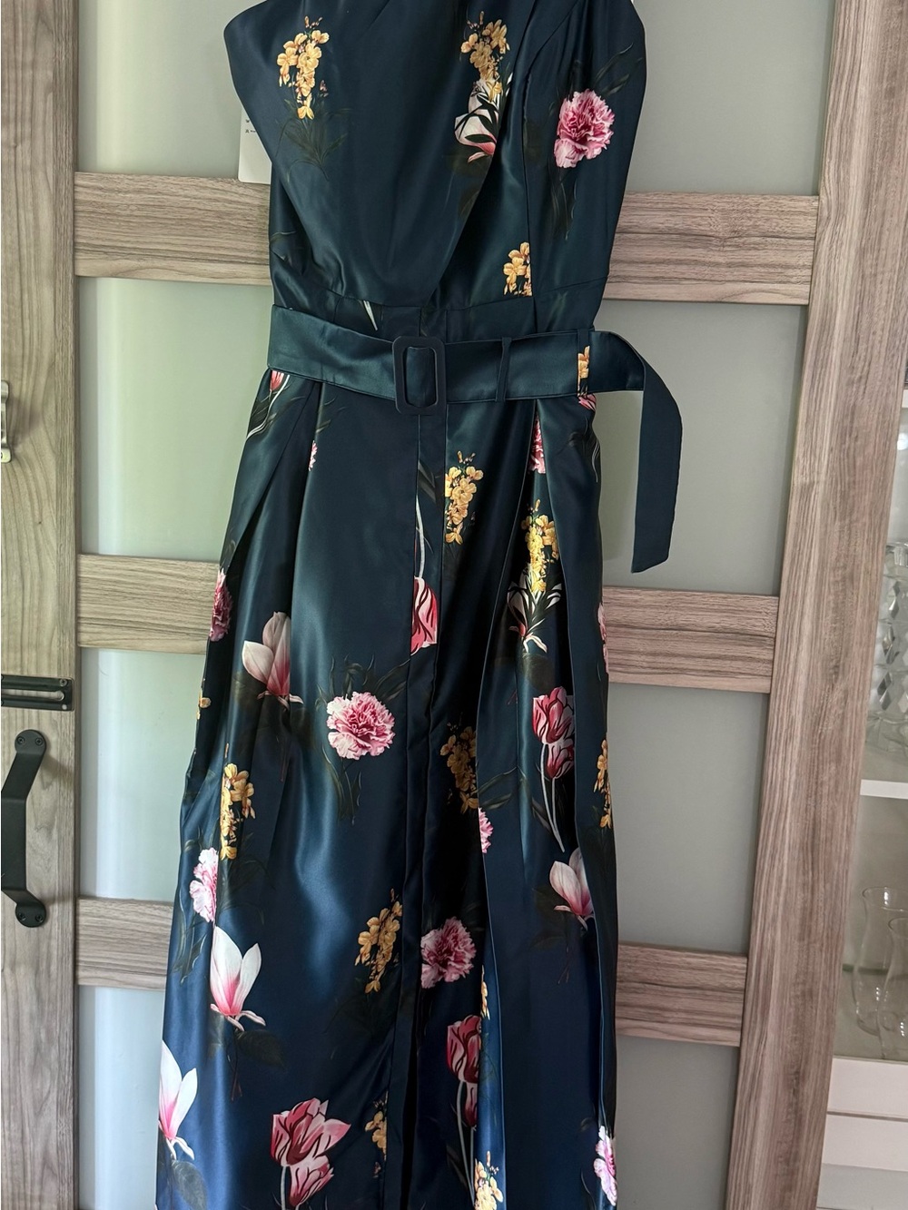 One-Shoulder Navy Floral Belted Evening Gown - Picture 3 of 3
